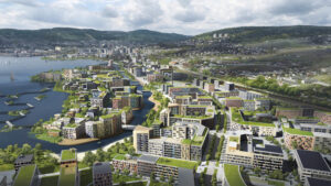 Bilde: bilde av Drammenselva og med illustrasjon med utbyggingen ved Fjordbyen