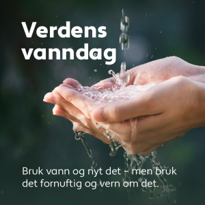 Bilde: hender som holder vann, tekst Verdens vanndag. Bruk vann og nyt det - men bruk det fornuftig og vern om det
